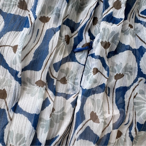 REBECCA TAYLOR Deco Fleur Silk Midi Dress Ruched High Neck Smock Waist Blue Sz 4 - Picture 9 of 14